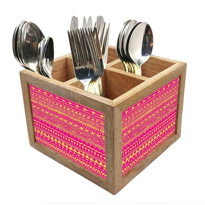 Natural Wooden Cutlery Holder -  Aztec Pattern Pink Nutcase