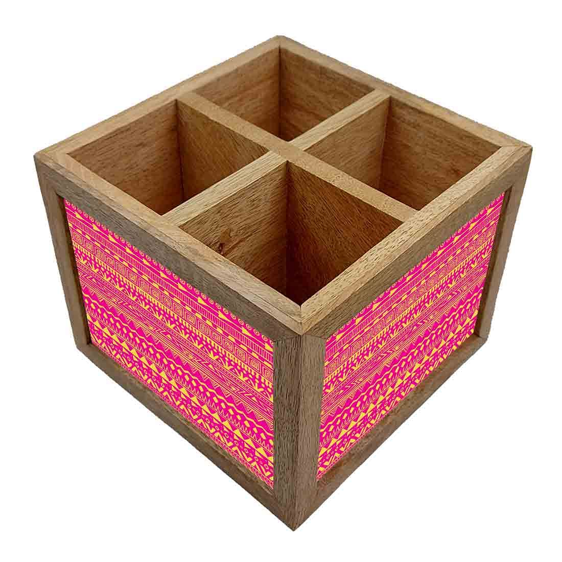 Natural Wooden Cutlery Holder -  Aztec Pattern Pink Nutcase