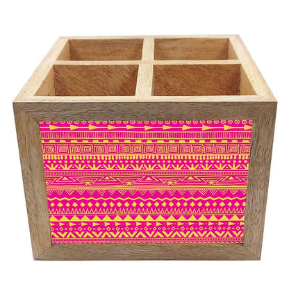 Natural Wooden Cutlery Holder -  Aztec Pattern Pink Nutcase