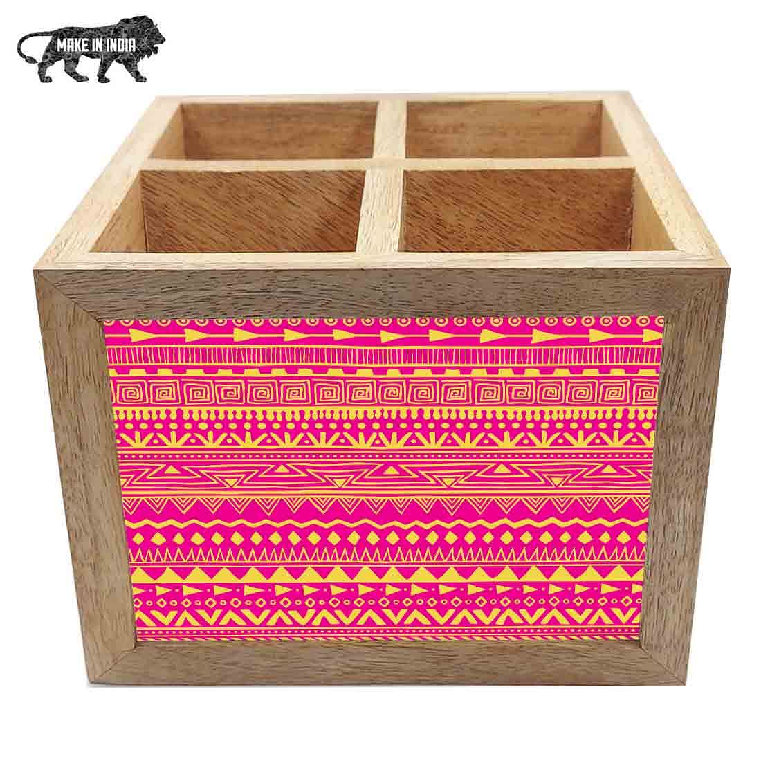 Natural Wooden Cutlery Holder -  Aztec Pattern Pink Nutcase