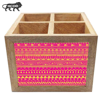 Natural Wooden Cutlery Holder -  Aztec Pattern Pink Nutcase