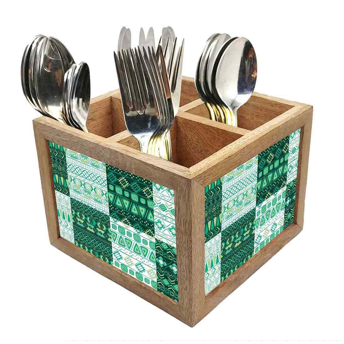 Natural Wooden Cutlery Holder -  Aztec Pattern Green Nutcase