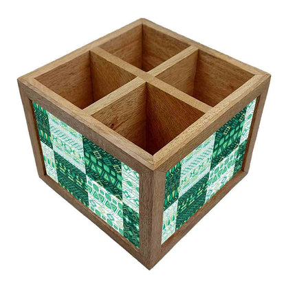 Natural Wooden Cutlery Holder -  Aztec Pattern Green Nutcase