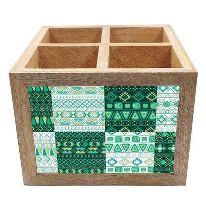 Natural Wooden Cutlery Holder -  Aztec Pattern Green Nutcase