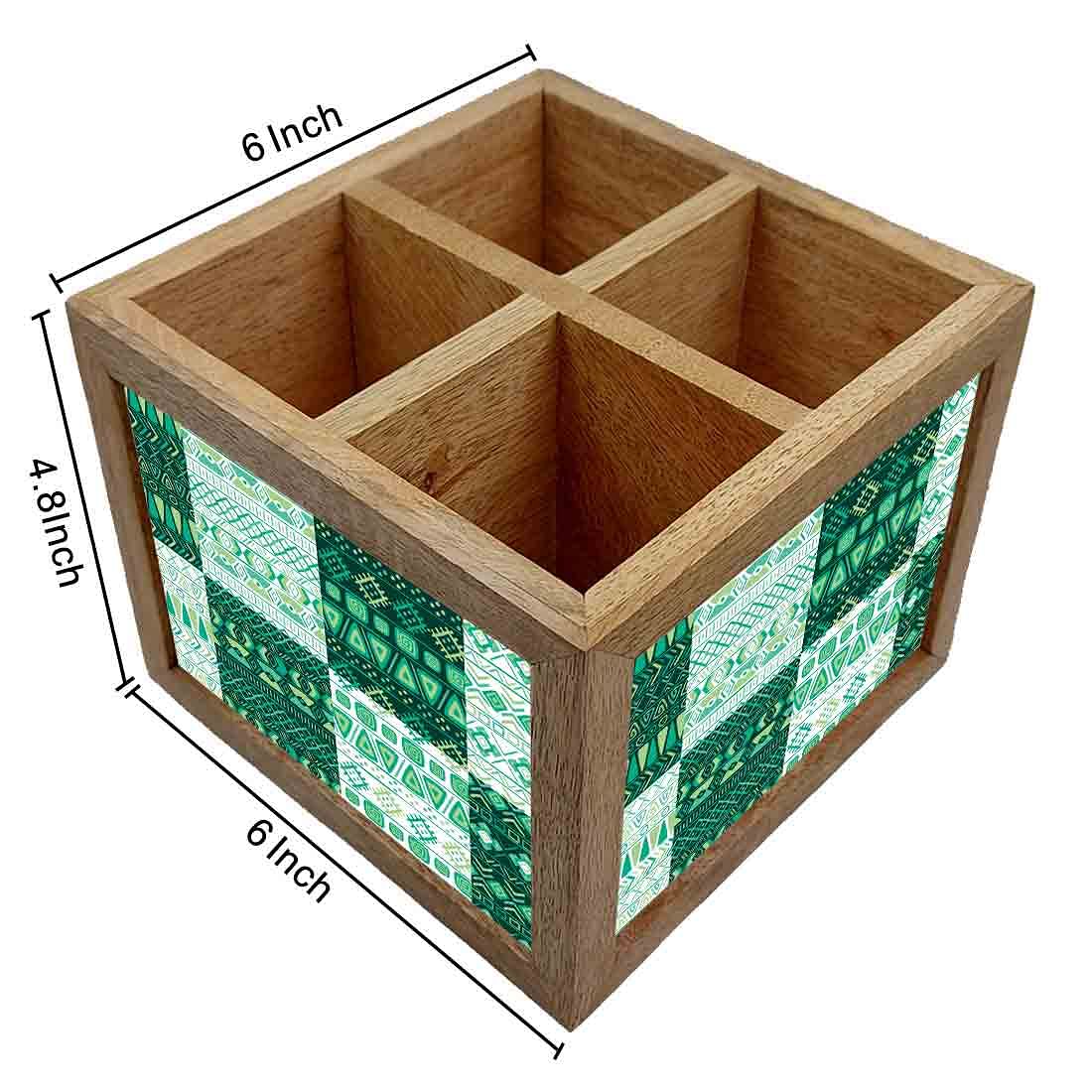 Natural Wooden Cutlery Holder -  Aztec Pattern Green Nutcase