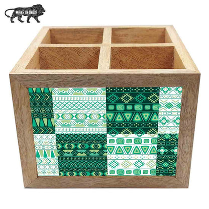 Natural Wooden Cutlery Holder -  Aztec Pattern Green Nutcase