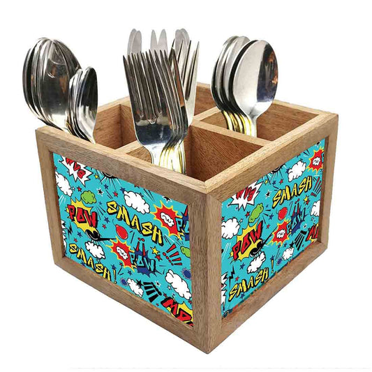 Natural Wooden Cutlery Holder -  Comic Style Blue Nutcase