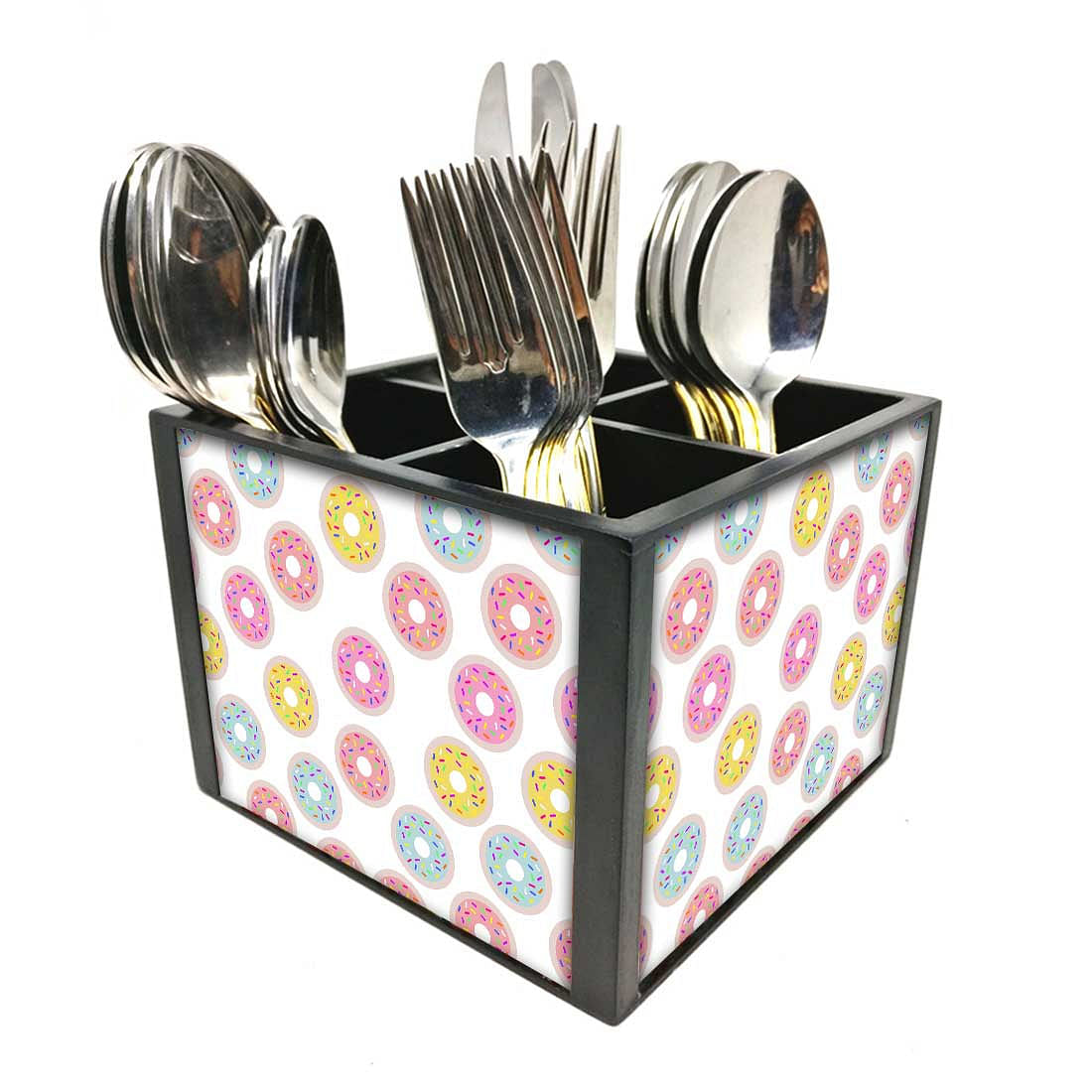 Donuts Cutlery Holder Stand Silverware Caddy Organizer for Spoons, Forks & Knives-Made of Pinewood Nutcase