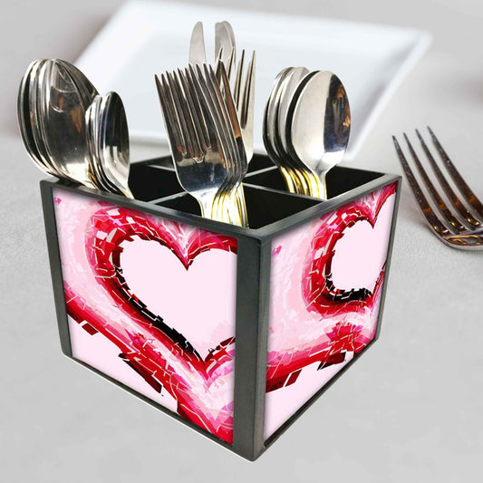 Red Heart Cutlery Holder Stand Silverware Caddy Organizer for Spoons, Forks & Knives-Made of Pinewood