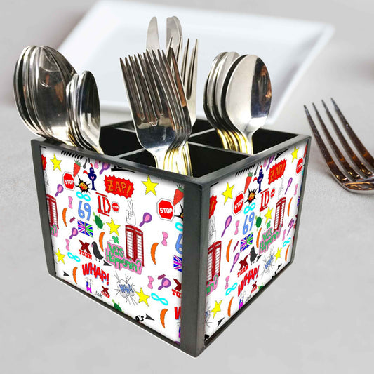 Teen Scrapbook Art Cutlery Holder Stand Silverware Caddy Organizer for Spoons, Forks & Knives-Made of Pinewood