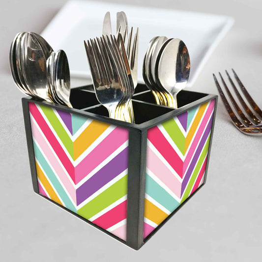 Pastels Chevron Cutlery Holder Stand Silverware Caddy Organizer for Spoons, Forks & Knives-Made of Pinewood