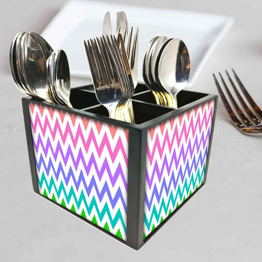 Rainbow Chevron Cutlery Holder Stand Silverware Caddy Organizer for Spoons, Forks & Knives-Made of Pinewood