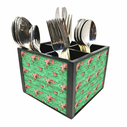 Vintage Shabby Flowers  Cutlery Holder Stand Silverware Caddy Organizer for Spoons, Forks & Knives-Made of Pinewood Nutcase