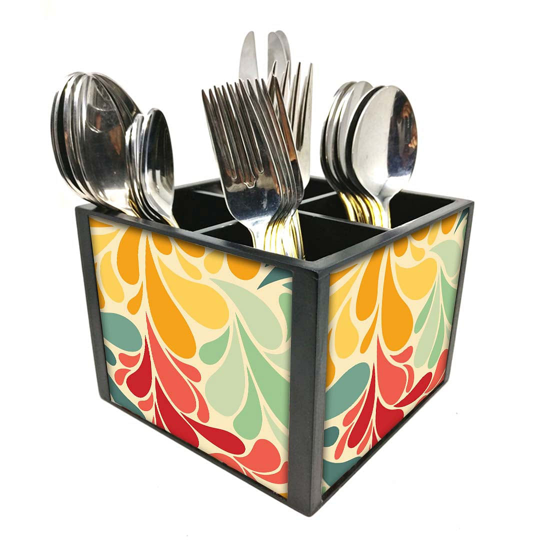 Retro Flower Cutlery Holder Stand Silverware Caddy Organizer for Spoons, Forks & Knives-Made of Pinewood Nutcase
