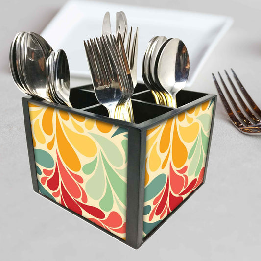Retro Flower Cutlery Holder Stand Silverware Caddy Organizer for Spoons, Forks & Knives-Made of Pinewood