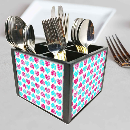 Hearts Pink And Blue Cutlery Holder Stand Silverware Caddy Organizer for Spoons, Forks & Knives-Made of Pinewood