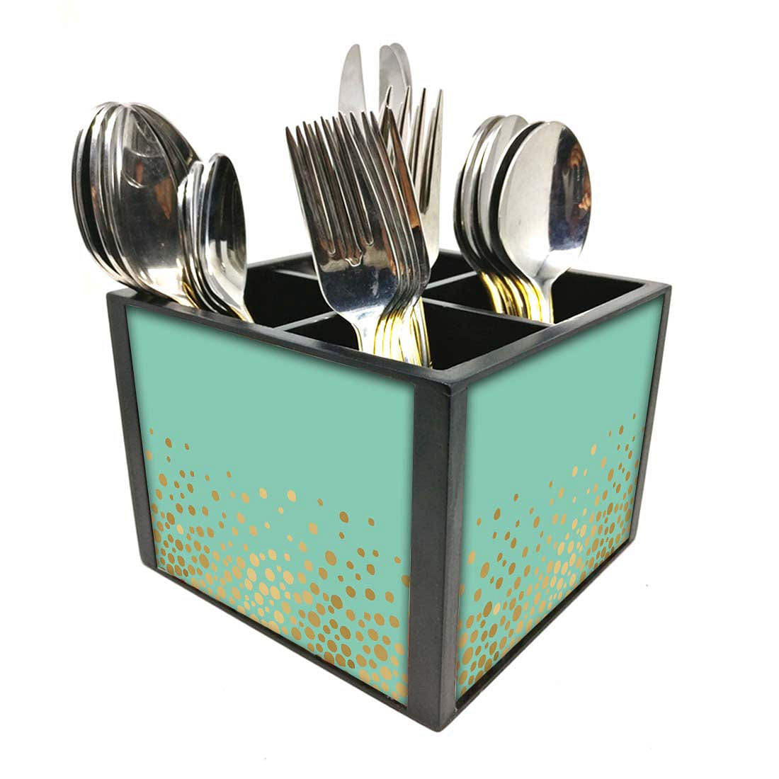 Mint & Gold Cutlery Holder Stand Silverware Caddy Organizer for Spoons, Forks & Knives-Made of Pinewood Nutcase