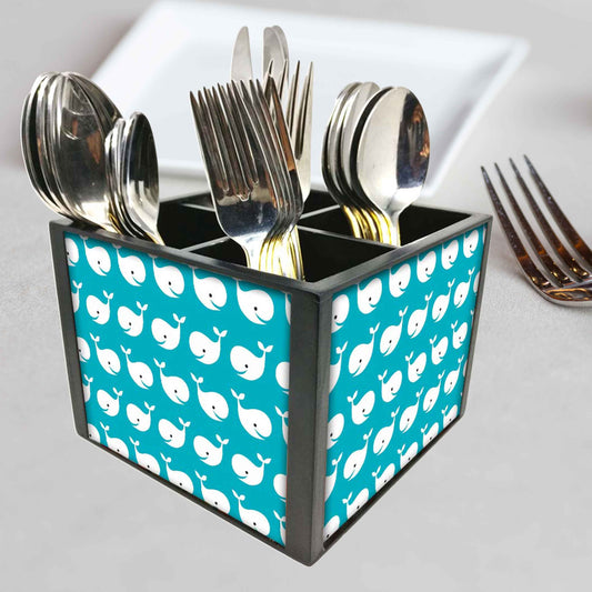 Fish Blue Cutlery Holder Stand Silverware Caddy Organizer for Spoons, Forks & Knives-Made of Pinewood