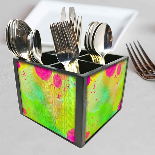 Green Watercolor Cutlery Holder Stand Silverware Caddy Organizer for Spoons, Forks & Knives-Made of Pinewood