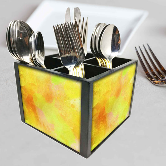 Yellow Watercolor Cutlery Holder Stand Silverware Caddy Organizer for Spoons, Forks & Knives-Made of Pinewood