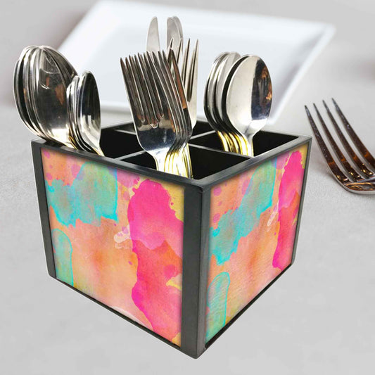 Pink And Blue Watercolor Cutlery Holder Stand Silverware Caddy Organizer for Spoons, Forks & Knives-Made of Pinewood