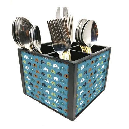 Elements Blue Cutlery Holder Stand Silverware Caddy Organizer for Spoons, Forks & Knives-Made of Pinewood Nutcase