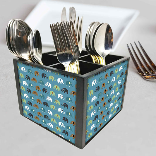 Elements Blue Cutlery Holder Stand Silverware Caddy Organizer for Spoons, Forks & Knives-Made of Pinewood