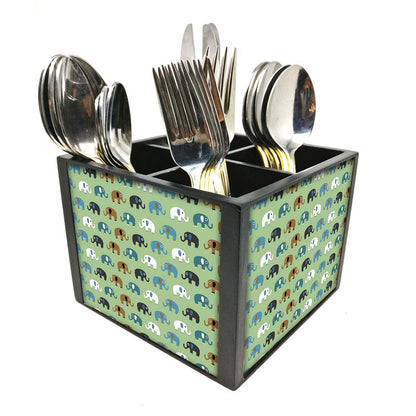 Small Elements Green Cutlery Holder Stand Silverware Caddy Organizer for Spoons, Forks & Knives-Made of Pinewood Nutcase