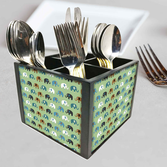 Small Elements Green Cutlery Holder Stand Silverware Caddy Organizer for Spoons, Forks & Knives-Made of Pinewood