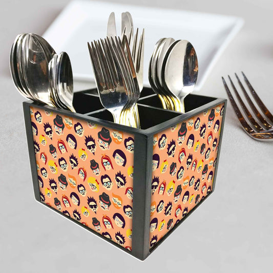 Hipster People Cutlery Holder Stand Silverware Caddy Organizer for Spoons, Forks & Knives-Made of Pinewood