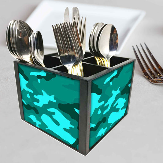 Sea Blue Army Camouflage  Cutlery Holder Stand Silverware Caddy Organizer for Spoons, Forks & Knives-Made of Pinewood