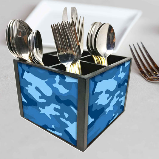 Navy Blue Army Camouflage Cutlery Holder Stand Silverware Caddy Organizer for Spoons, Forks & Knives-Made of Pinewood