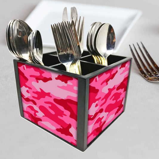 Pink Camo Cutlery Holder Stand Silverware Caddy Organizer for Spoons, Forks & Knives-Made of Pinewood