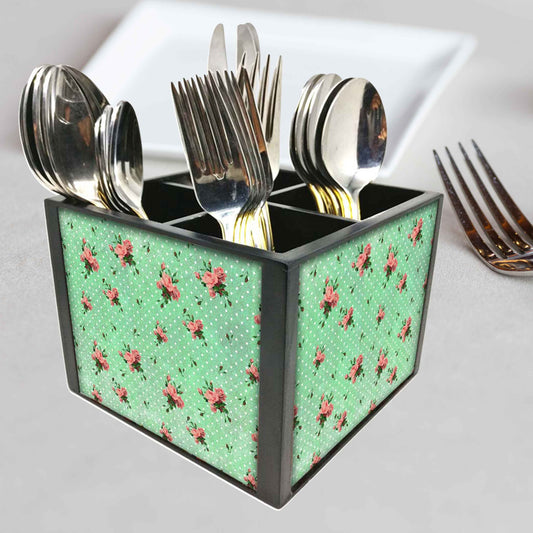 Vintage Shabby Chic Blossom Cutlery Holder Stand Silverware Caddy Organizer for Spoons, Forks & Knives-Made of Pinewood