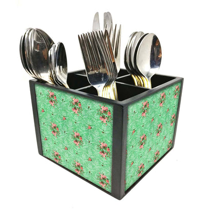 Black Wooden Cutlery Stand - Damask Shabby Chic Roses Nutcase