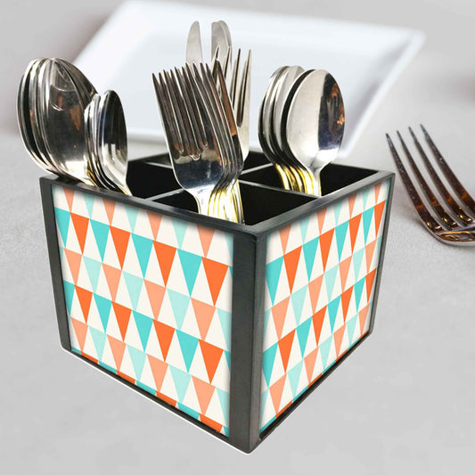 Orange And Mint Triangles Cutlery Holder Stand Silverware Caddy Organizer for Spoons, Forks & Knives-Made of Pinewood