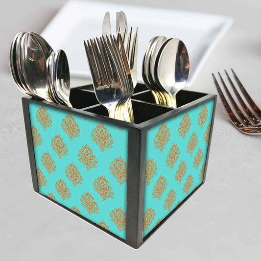 Mint & Orange Damask Cutlery Holder Stand Silverware Caddy Organizer for Spoons, Forks & Knives-Made of Pinewood