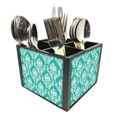 Mint & White Damask Cutlery Holder Stand Silverware Caddy Organizer for Spoons, Forks & Knives-Made of Pinewood Nutcase