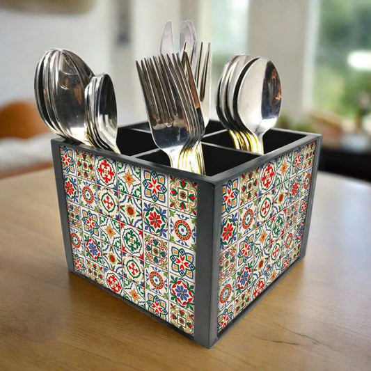 Cutlery Holder Stand Silverware Caddy Organizer for Kitchen - Spanish Tiles Nutcase