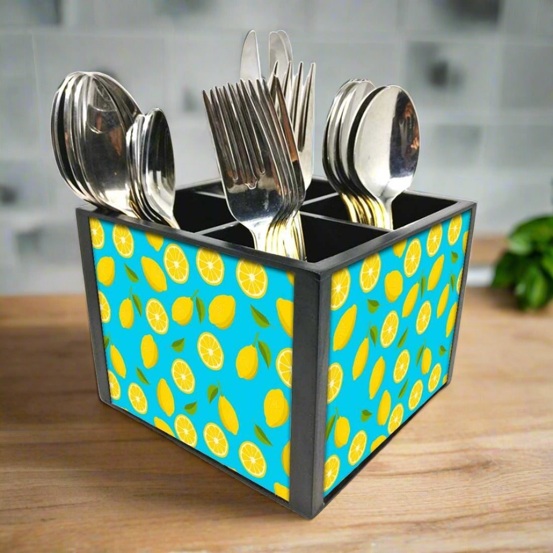 Cutlery Holder for Table for Spoons, Forks & Knives - Lime Lemon Pattern Nutcase