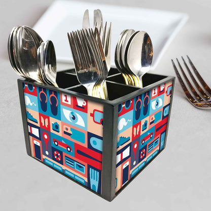 Retro Elements Cutlery Holder Stand Silverware Caddy Organizer for Spoons, Forks & Knives-Made of Pinewood