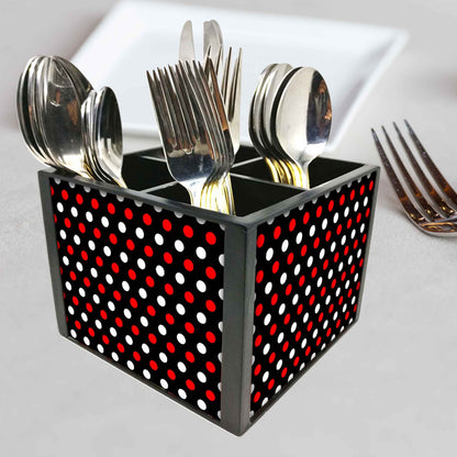 Dots Red And White Cutlery Holder Stand Silverware Caddy Organizer for Spoons, Forks & Knives-Made of Pinewood