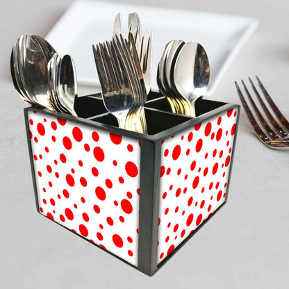 Red Dots Cutlery Holder Stand Silverware Caddy Organizer for Spoons, Forks & Knives-Made of Pinewood