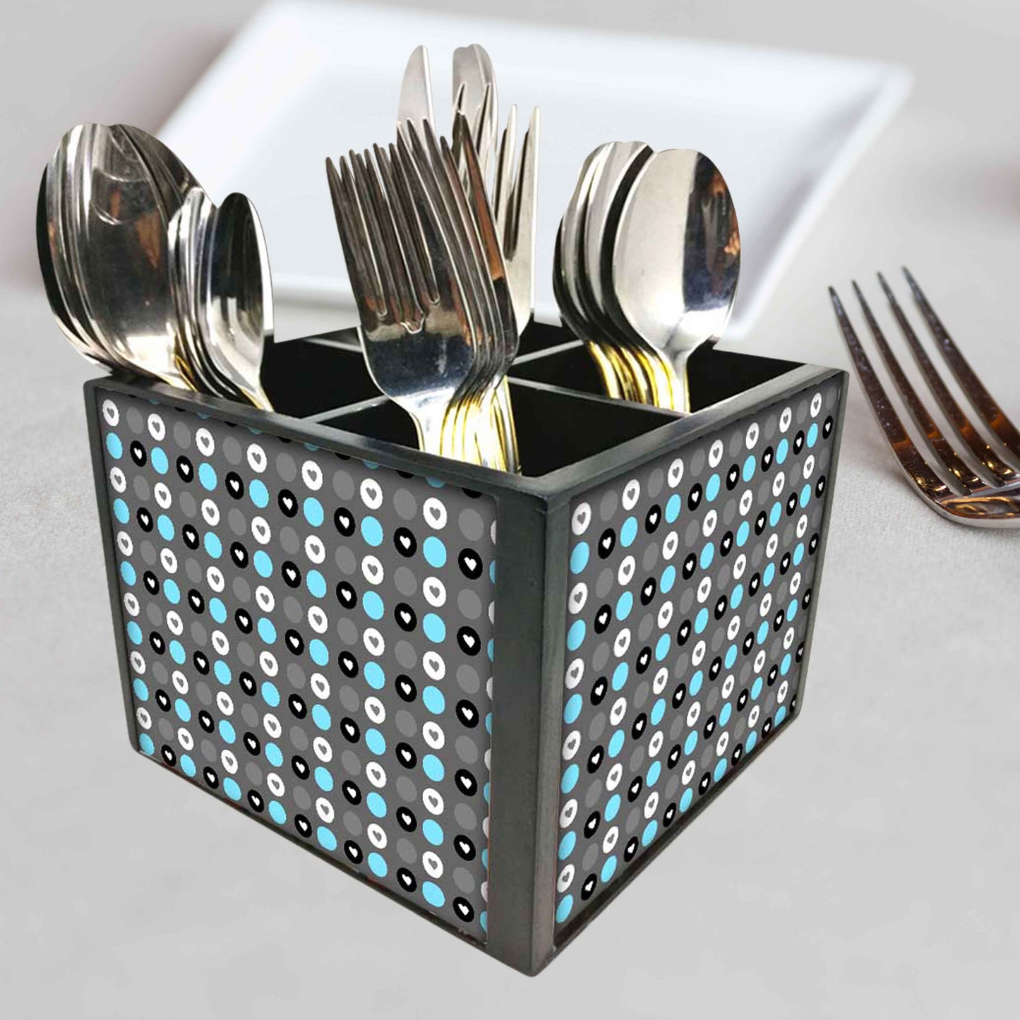 Nice Silverware Cutlery Holder - Blue & Grey Hearts