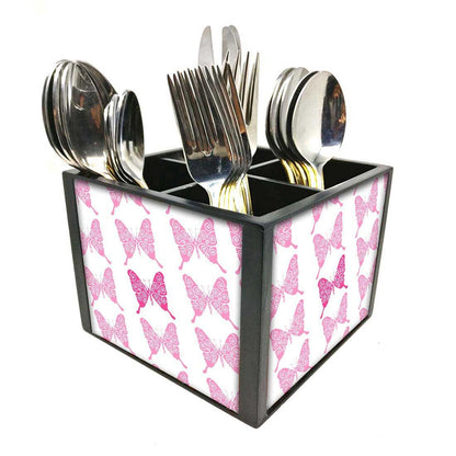 Pink Butterfly Cutlery Holder Stand Silverware Caddy Organizer for Spoons, Forks & Knives-Made of Pinewood Nutcase