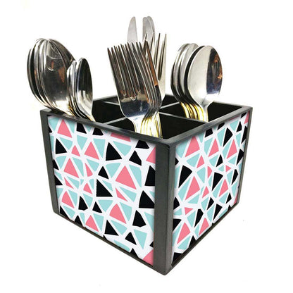 Triangles Pattern Black And Pink Cutlery Holder Stand Silverware Caddy Organizer for Spoons, Forks & Knives-Made of Pinewood Nutcase