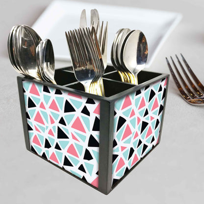 Triangles Pattern Black And Pink Cutlery Holder Stand Silverware Caddy Organizer for Spoons, Forks & Knives-Made of Pinewood