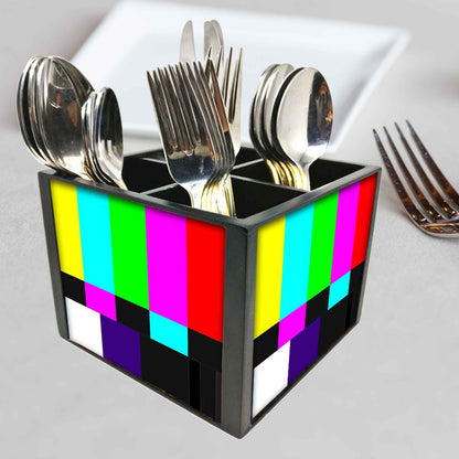 NTSC TV Test Card Cutlery Holder Stand Silverware Caddy Organizer for Spoons, Forks & Knives-Made of Pinewood