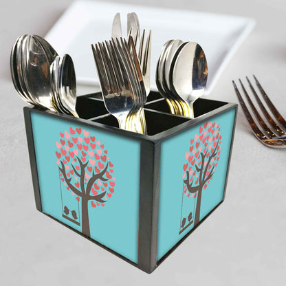 Loving Birds Cutlery Holder Stand Silverware Caddy Organizer for Spoons, Forks & Knives-Made of Pinewood