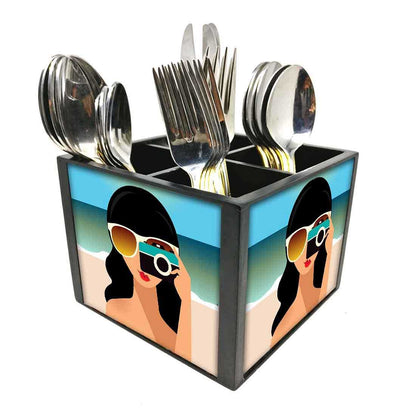 Pretty Girls Cutlery Holder Stand Silverware Caddy Organizer for Spoons, Forks & Knives-Made of Pinewood Nutcase